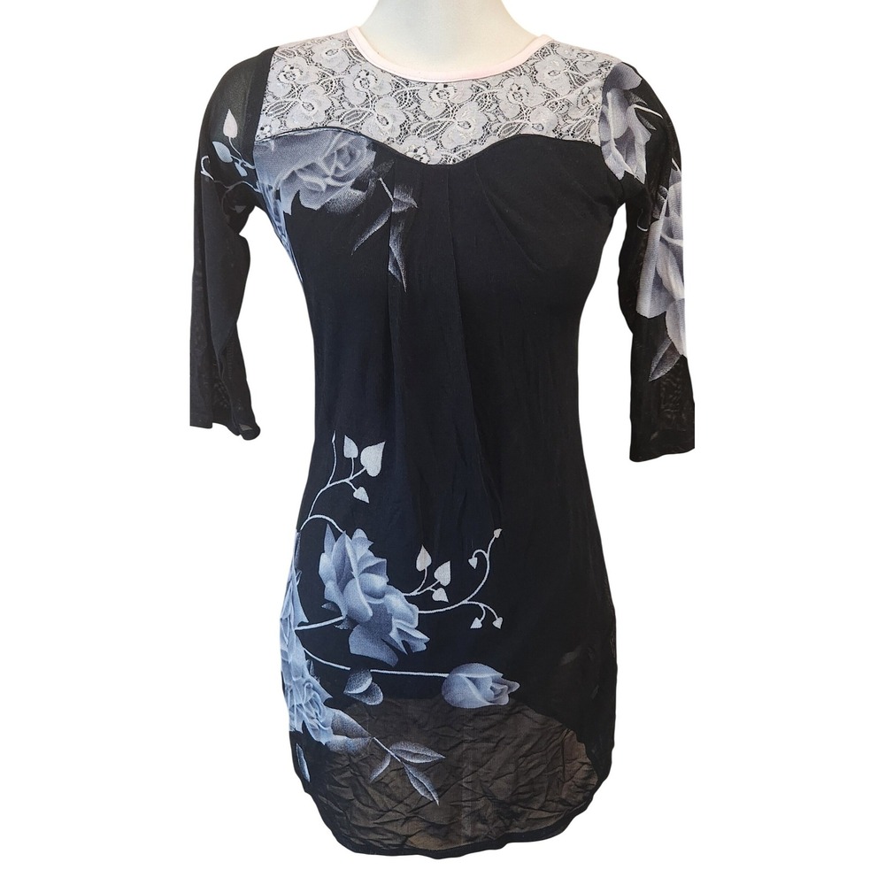 Y2k dark cottage Black Mesh Floral Rose Print Tunic Top‎ Lace Yoke 3/4 Sleeve sm